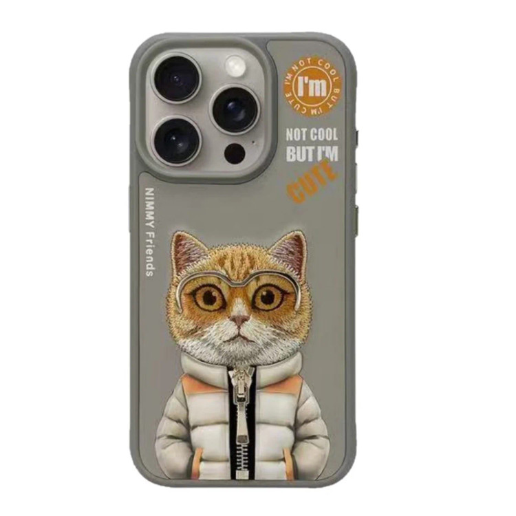 قاب نیمی اورجینال گربه با کاپشن و زیپ برجسته رنگ زمینه نچرال برای آیفون 15 پرومکس